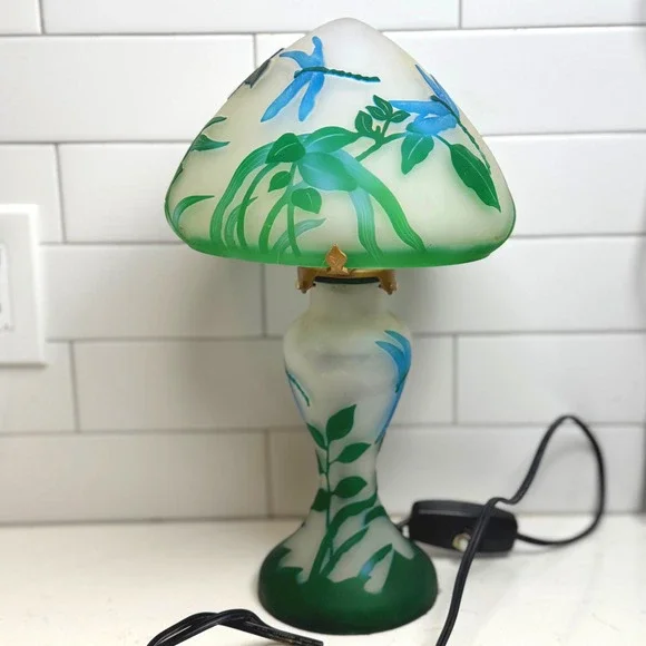 Table Lamp Mushroom‎ Frosted Glass Dragonfly Floral Art Deco VTG Galle Style 16" - Picture 2 of 6
